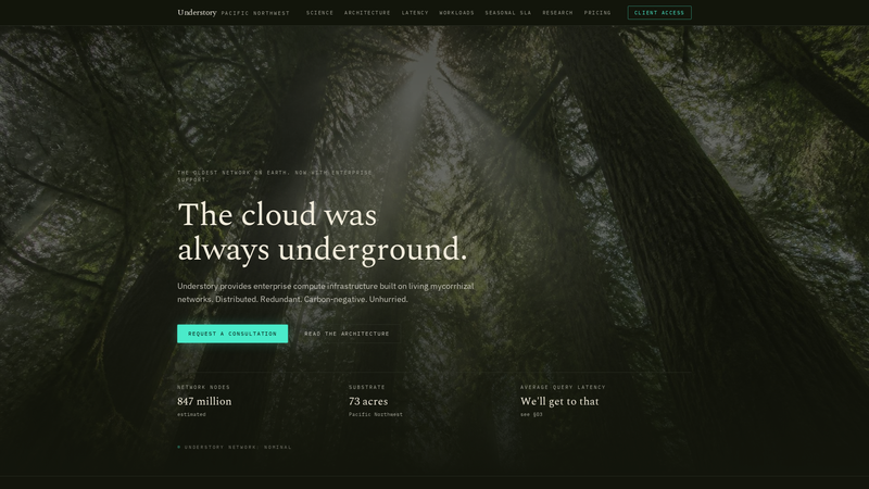 Understory homepage: looking up through an old-growth canopy with the headline "The cloud was always underground."